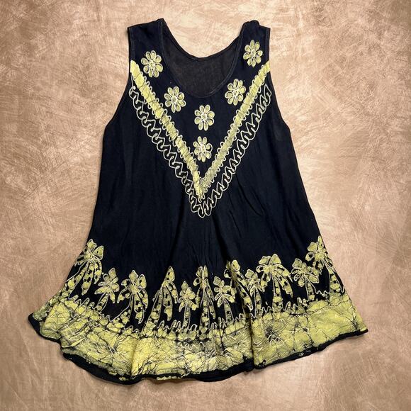 Vintage Y2K Floral Palm Tree Tie Dye Embroidered Mini Dress Black Green Hippie - Picture 1 of 7